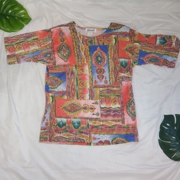 VINTAGE Boho Print Tunic Top with Short Sleeves in Size Small with Shoul… - Picture 1 of 5